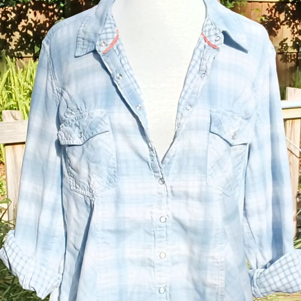 Style & Co. Womens Blue And White Plaid Top Long Sleeve Button Up Flannel Shirt